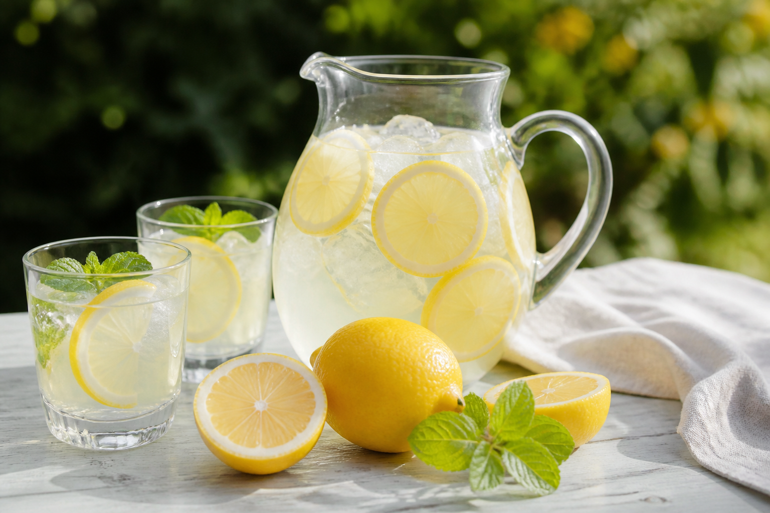 Pitcher of homemade lemonade with lemon slices